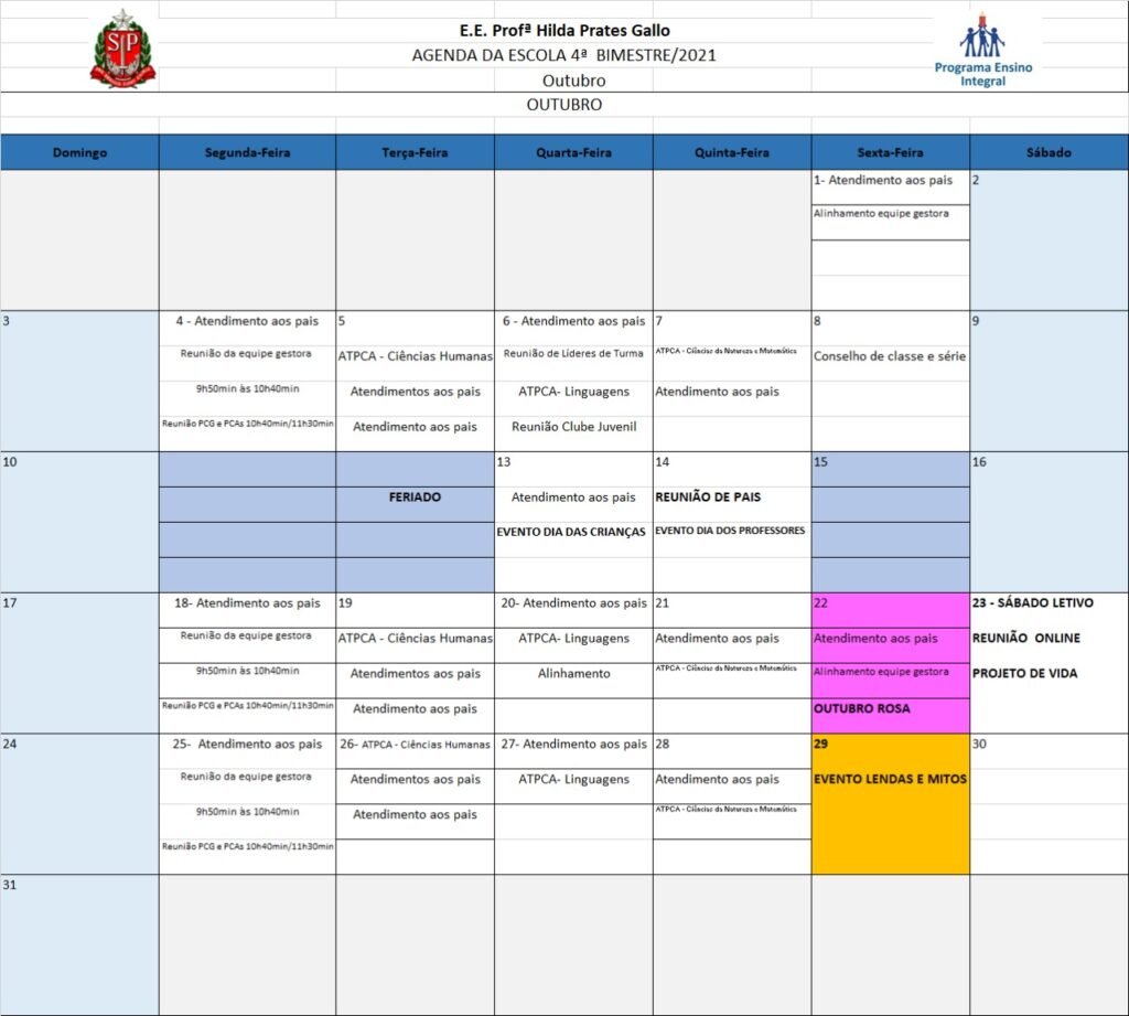 agenda da escola outubro 2021